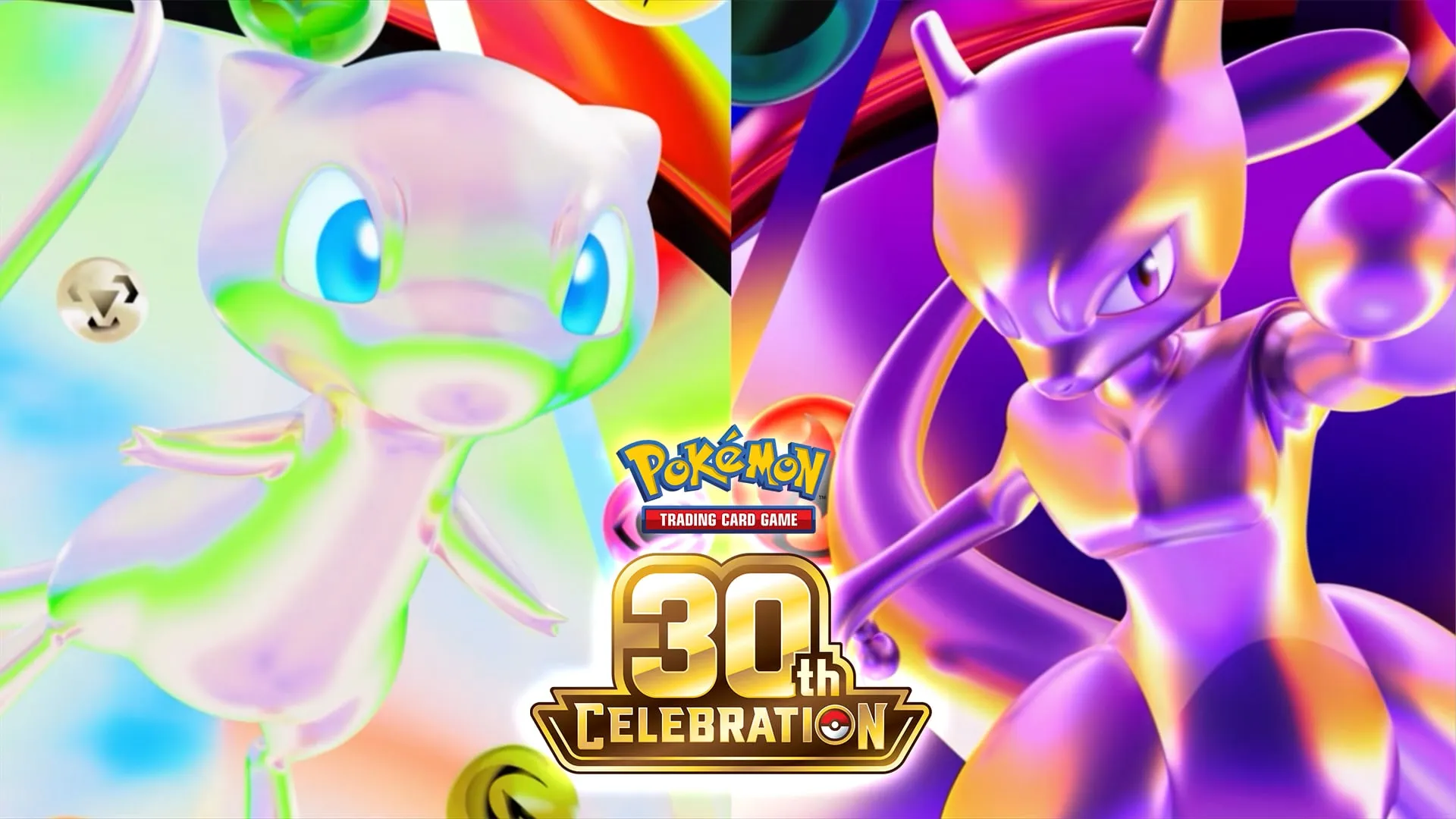 Pokémon TCG 30th Celebration key art with Mew and Mewtwo