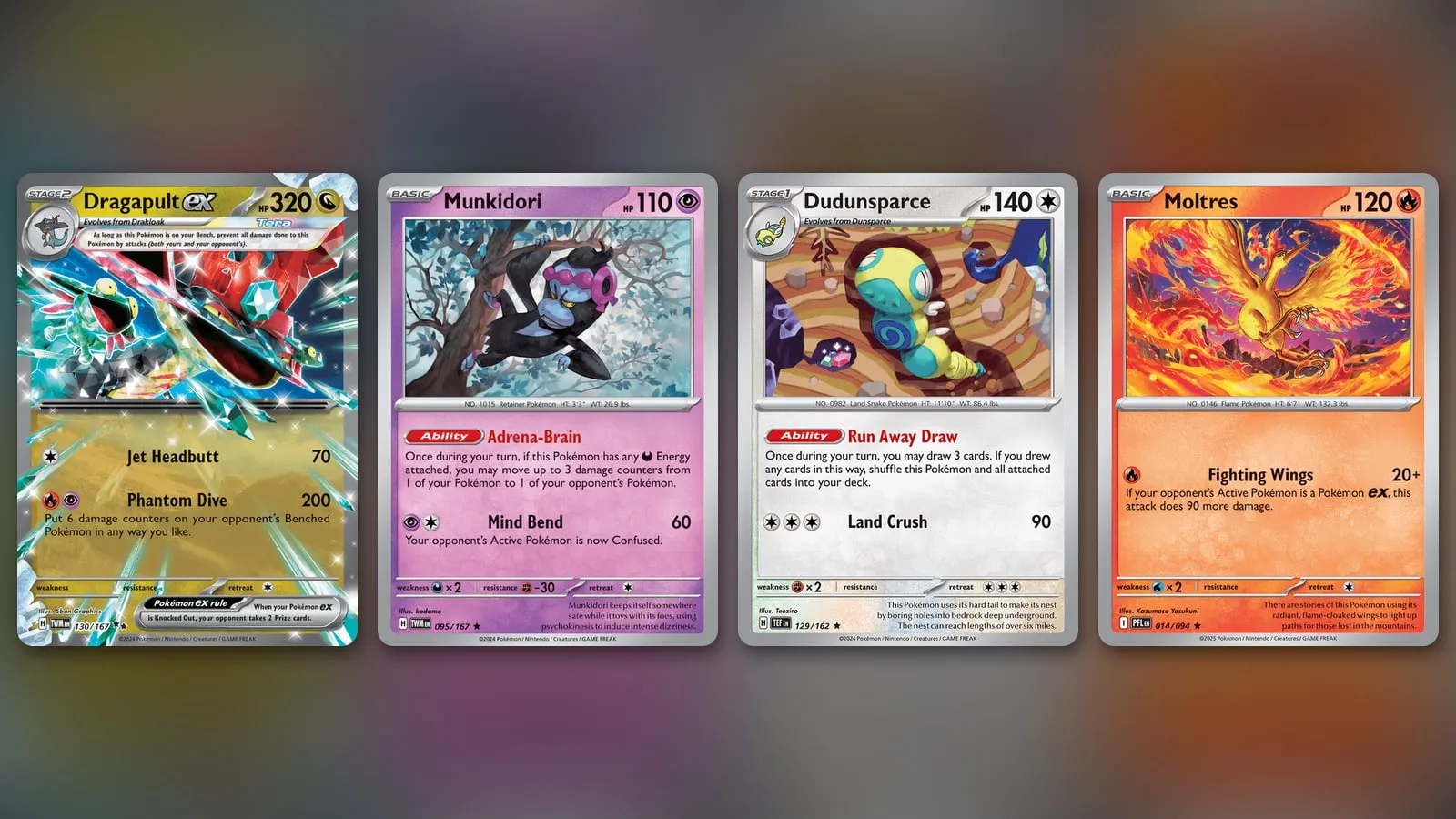 Four cards from Edmund Khoo's winning Dragapult list: Dragapult ex, Munkidori, Dudunsparce and Moltres
