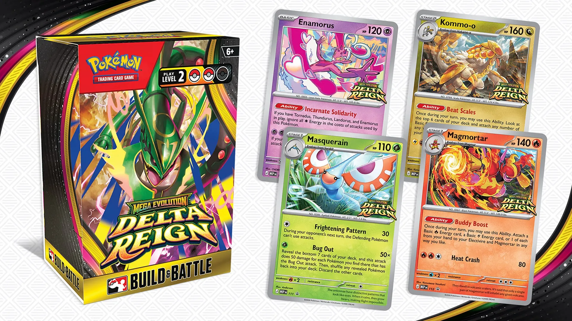 Mega Evolution—Delta Reign Build & Battle Box next to its four promo cards: Enamorus, Kommo-o, Masquerain and Magmortar