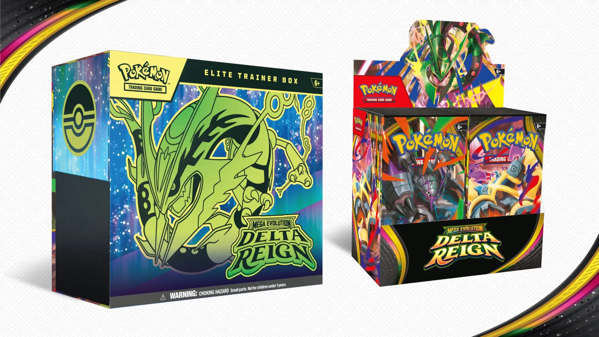 The Mega Evolution—Delta Reign Elite Trainer Box, with Mega Rayquaza line art, next to the Delta Reign Booster Display Box