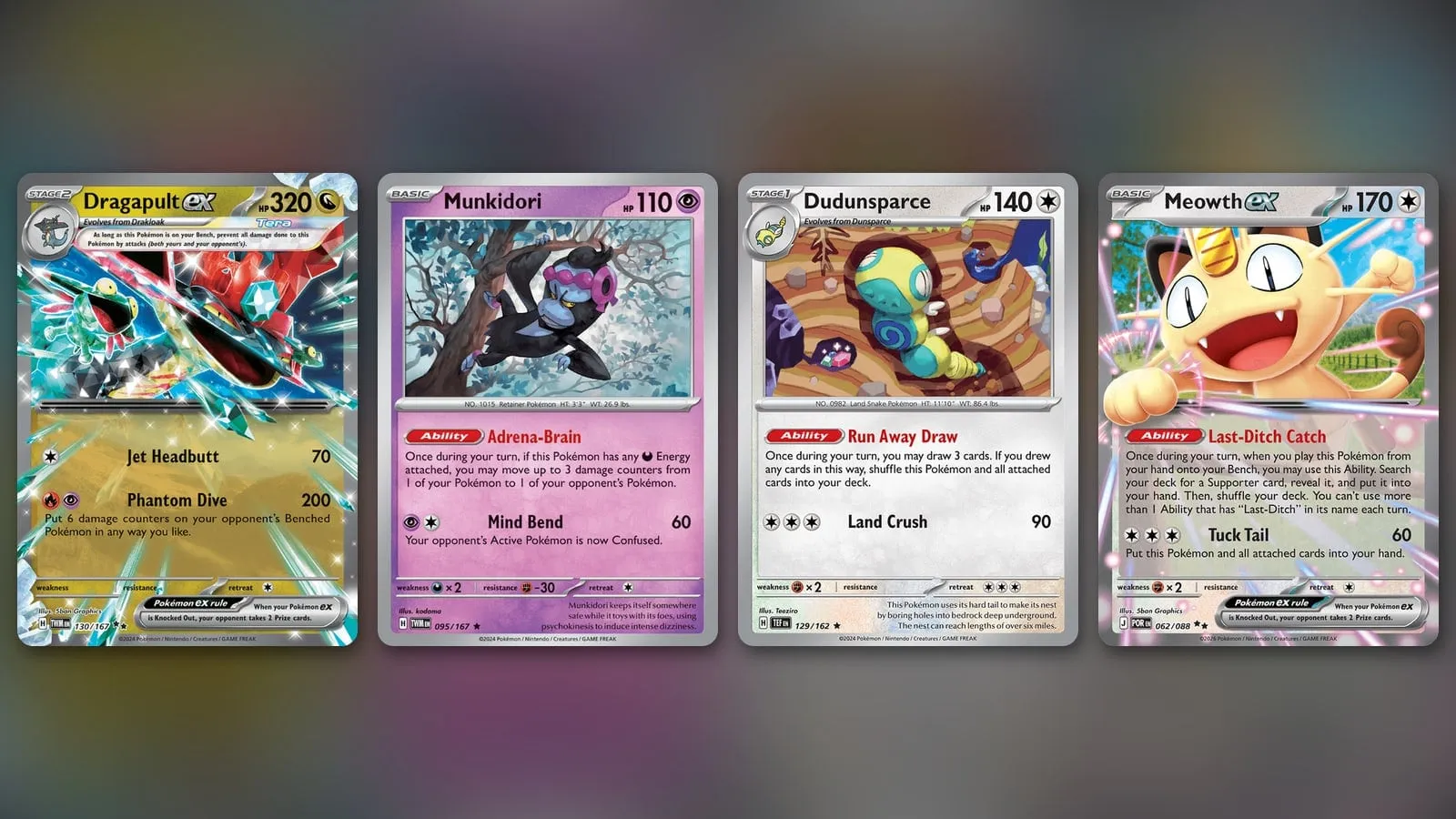 Four cards from Riley McKay's winning Dragapult list: Dragapult ex, Munkidori, Dudunsparce and Meowth ex