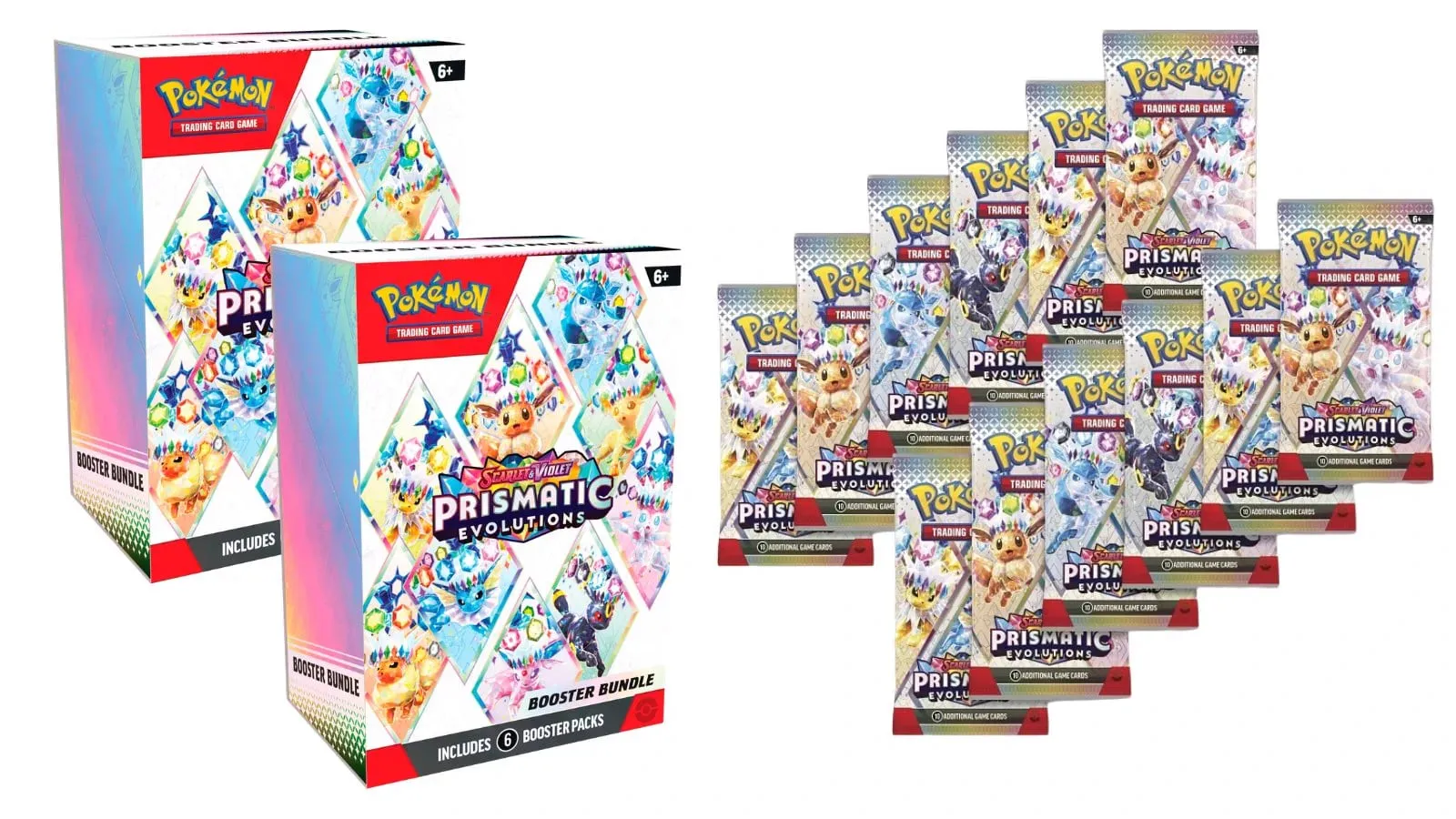 Two Prismatic Evolutions Booster Bundles next to twelve Prismatic Evolutions booster packs