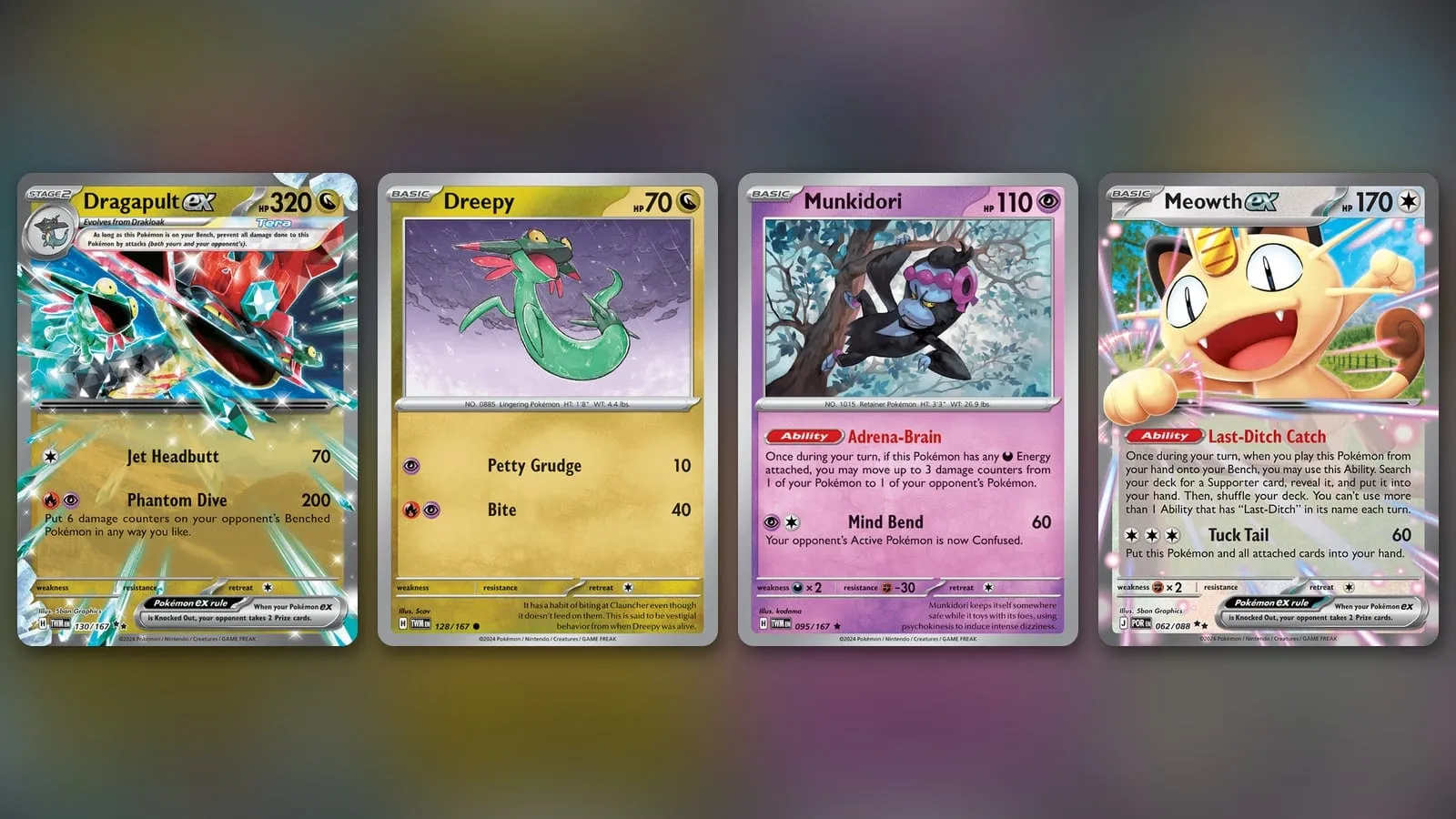 Four cards from Andrew Hedrick's winning Dragapult list: Dragapult ex, Dreepy, Munkidori and Meowth ex