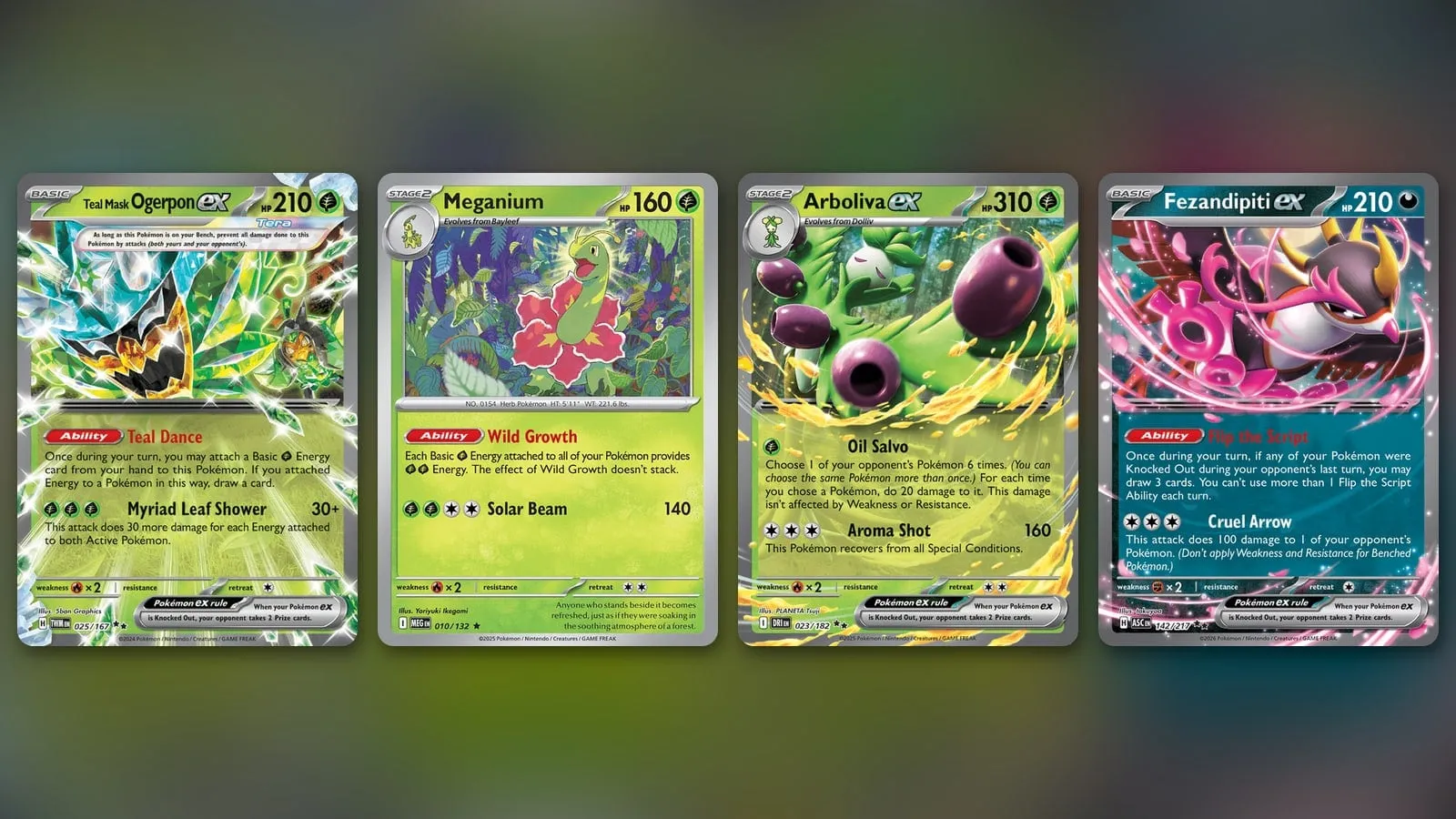 Four cards from Victor Carreira Rodrigues's winning Ogerpon Meganium list: Teal Mask Ogerpon ex, Meganium, Arboliva ex and Fezandipiti ex